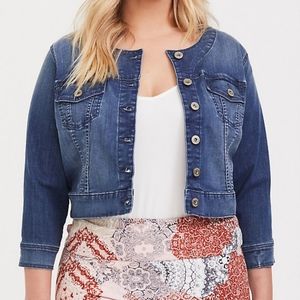 Collarless cropped denim or jean jacket